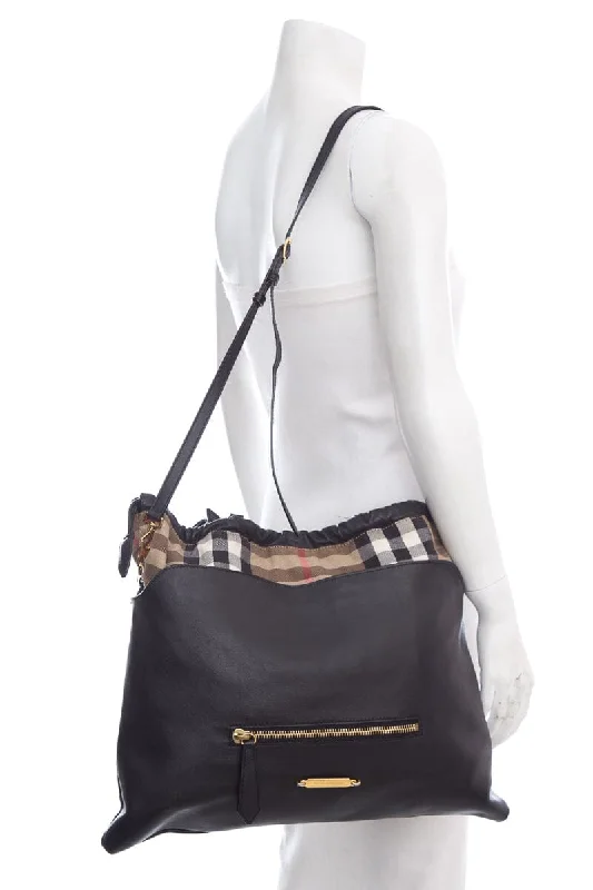 Burberry House Check Big Crush Black Leather Tote Bag