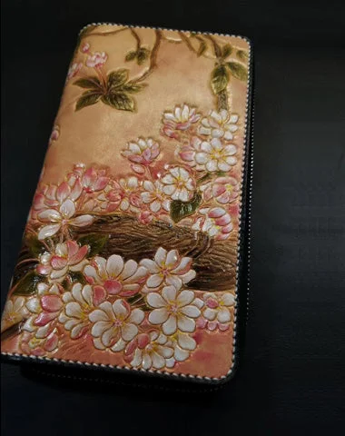 Brown Leather Women Cherry Blossom Tree Biker Wallet Handmade Tooled Zipper Long Wallets For Men