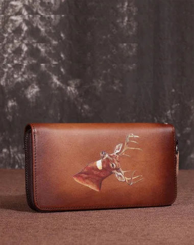 Brown Vintage Deer Wallet Leather Mens Womens Gray Long Wallet Zipper Clutch Wallet For Men