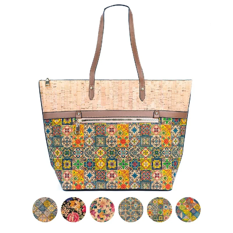 Chic Natural and Printed Cork Ladies' Tote Bag with PU Handle BAG-2330