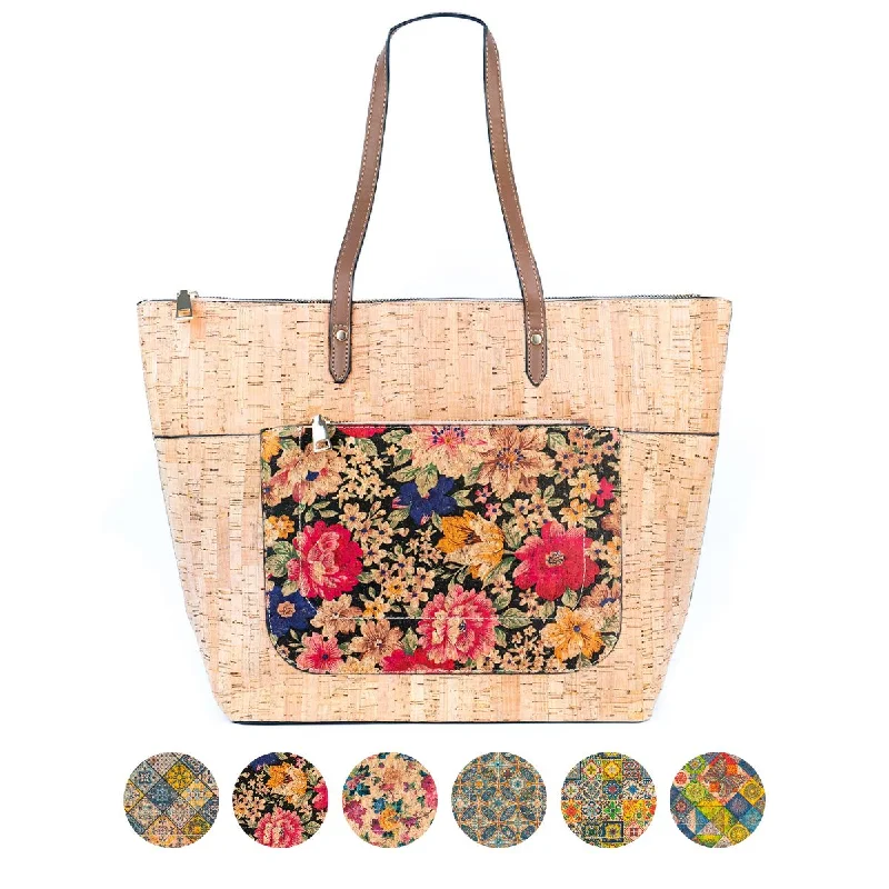 Natural Cork and Printed Cork Blend Ladies' Tote Bag with PU Handles BAG-2334