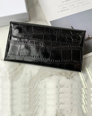 Cute Women Black Vegan Leather Long Wallet Crocodile Pattern Card Holder Clutch Wallet For Women