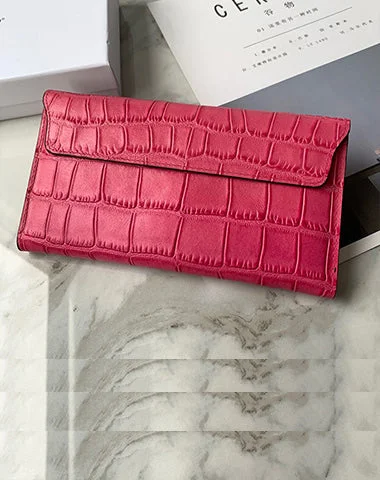 Cute Women Rose Pink Vegan Leather Long Wallet Crocodile Pattern Card Holder Clutch Wallet For Women