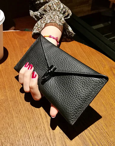 Cute Womens Black Leather Envelope Wallet Slim Clutch Purse Checkbook Long Wallet for Women