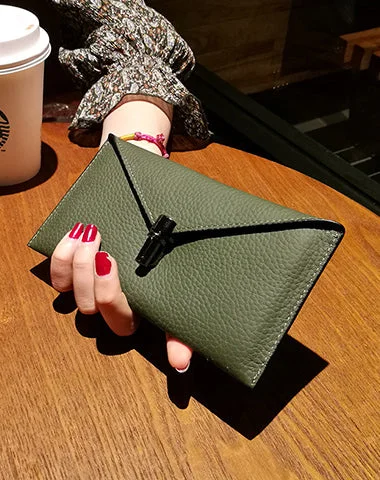 Cute Womens Green Leather Envelope Wallet Slim Clutch Purse Checkbook Long Wallet for Women