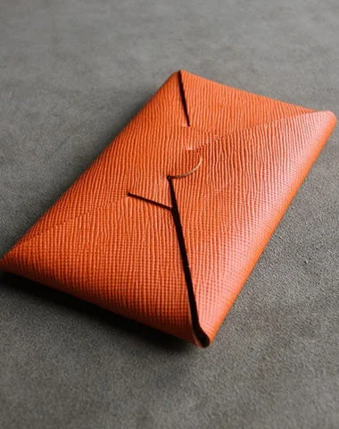 Cute Womens Orange Leather Envelope Wallet Slim Clutch Purse Checkbook Long Wallet for Women