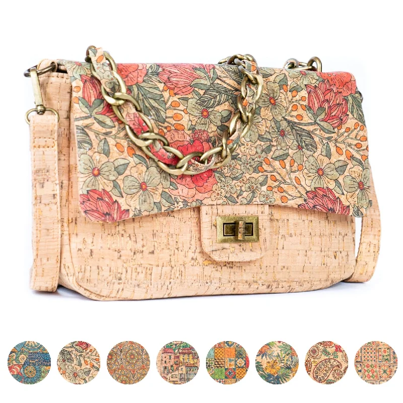 Women's Cork Shoulder Bag with Chain Accent and Button Closure BAGD-560