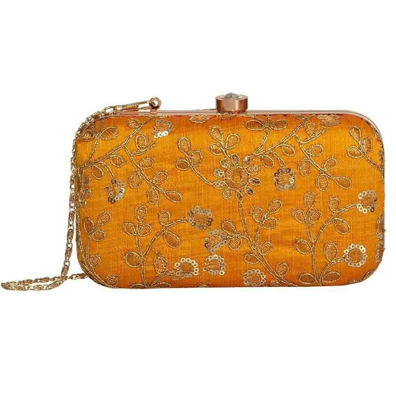 Yellow Party Wear Zari Embroidered Ladies Clutch