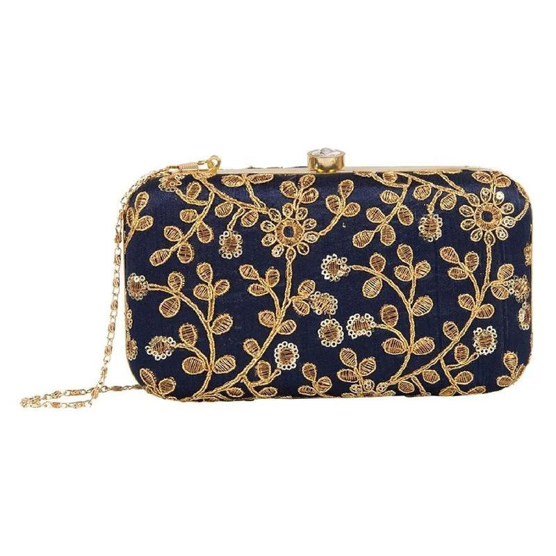 Navy Blue Colored Handcrafted Partywear Zari Embroidered Clutch