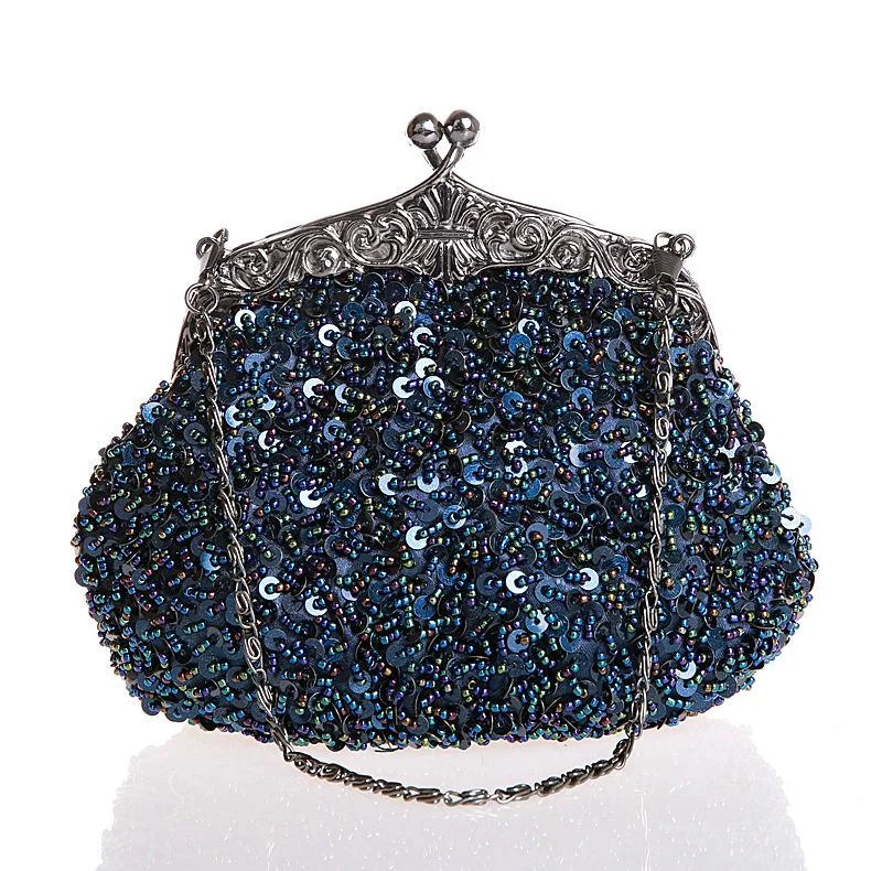 Navy Blue Ladies' Beaded Sequined Wedding Evening Bag Clutch handbag Bridal Party Makeup Bag Purse Free Shipping 03162-G