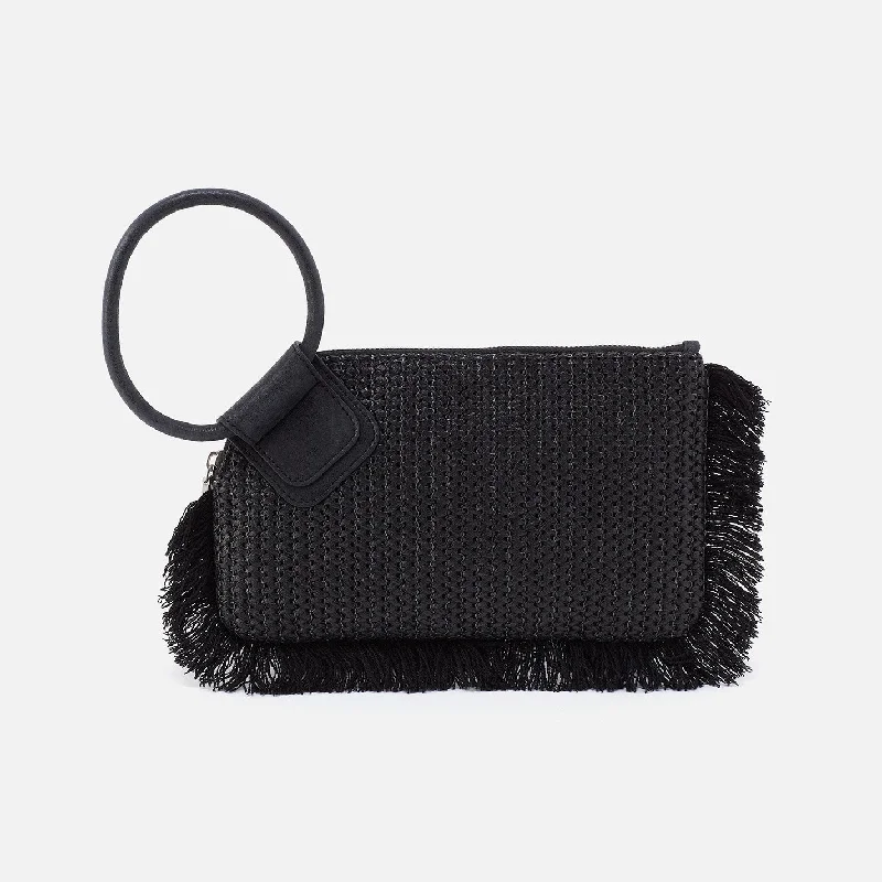 Sable Wristlet in Raffia With Leather Trim - Black