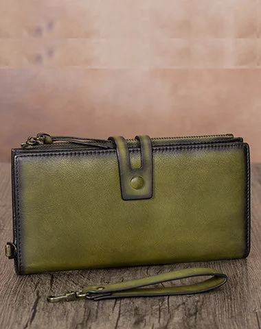 Vintage Green Leather Wristlet Wallet Womens Wallet Bifold Long Clutch Wallet for Women