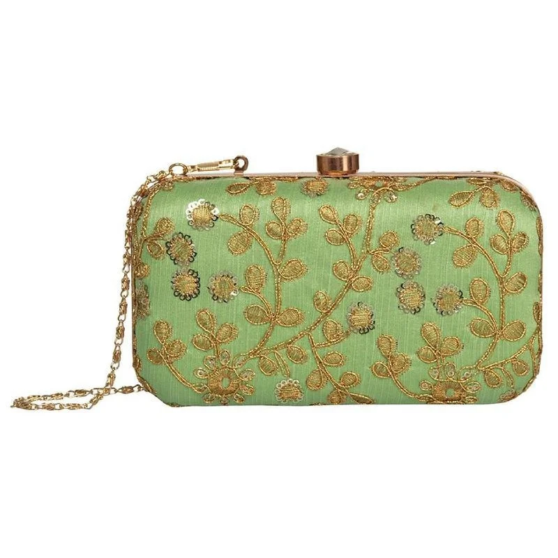 Women's Green Colored Handcrafted Partywear Embroidered Clutch